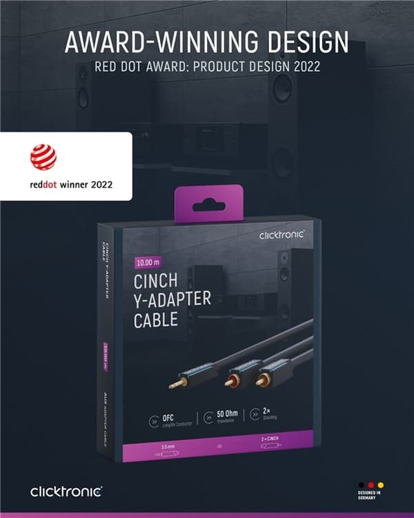 ClickTronic 3,5 mm AUX til RCA-adapterkabel, Stereo Premium-kabel | 1x 3,5 mm jackplugg 2x cinchplugg | 10,0 m | OFC innerleder
