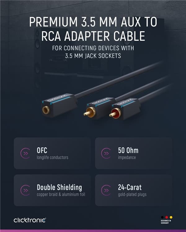 ClickTronic 3,5 mm AUX till RCA-adapterkabel, stereo Premium-kabel | 2x cinch-kontakt  1x 3,5 mm jackuttag | 0,1 m | OFC innerledare