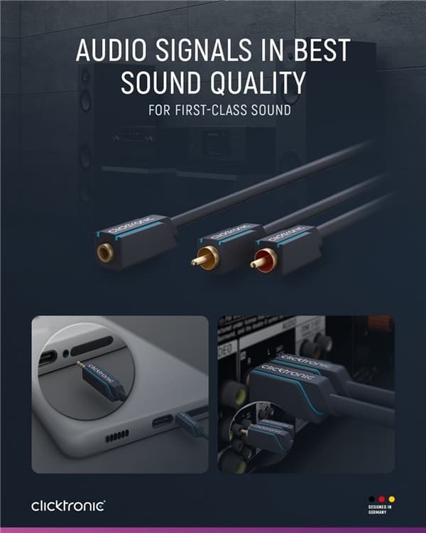 ClickTronic 3,5 mm AUX till RCA-adapterkabel, stereo Premium-kabel | 2x cinch-kontakt  1x 3,5 mm jackuttag | 0,1 m | OFC innerledare