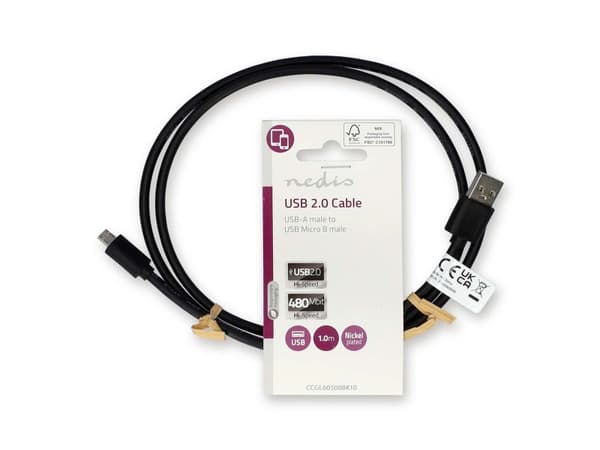 Nedis CCGP60500BK10, 1 m, USB-A, Micro-USB B, USB 2.0, Man/kvinna, Svart