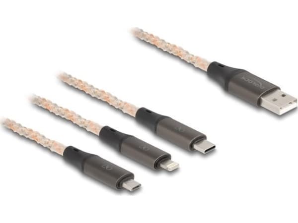 Delock 3 in 1 - Dedikerad laddningskabel - USB hane till mikro-USB typ B, Lightning, 24 pin USB-C hane - 1.2 m - transparent / kopparfärgad - RGB-bel