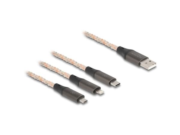 Delock 3 in 1 - Dedikerad laddningskabel - USB hane till mikro-USB typ B, Lightning, 24 pin USB-C hane - 1.2 m - transparent / kopparfärgad - RGB-bel
