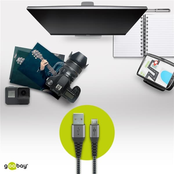 Goobay Micro-USB till USB-A textilkabel med metallkontakter 0,5 m elegant och extra robust anslutningskabel för enheter med Micro-USB-anslutning
