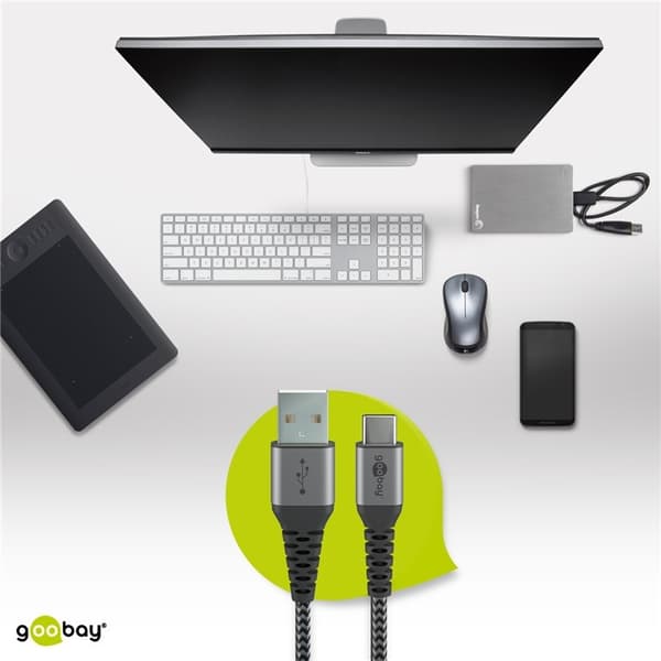 Goobay USB-C™ till USB-A textilkabel med metallkontakter 2 m elegant och extra robust anslutningskabel för enheter med USB-C™-port