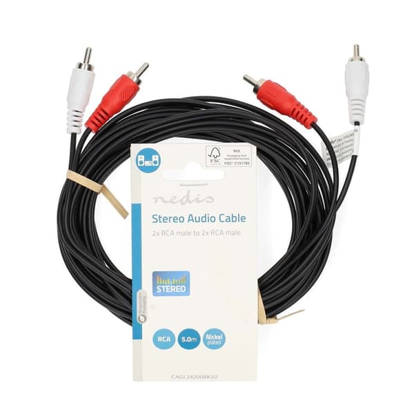 Nedis Stereo Audio kabel | 2x RCA Hanstik | 2x RCA Hanstik | Nikkelplateret | 5.00 m | Runde | Sort | Label