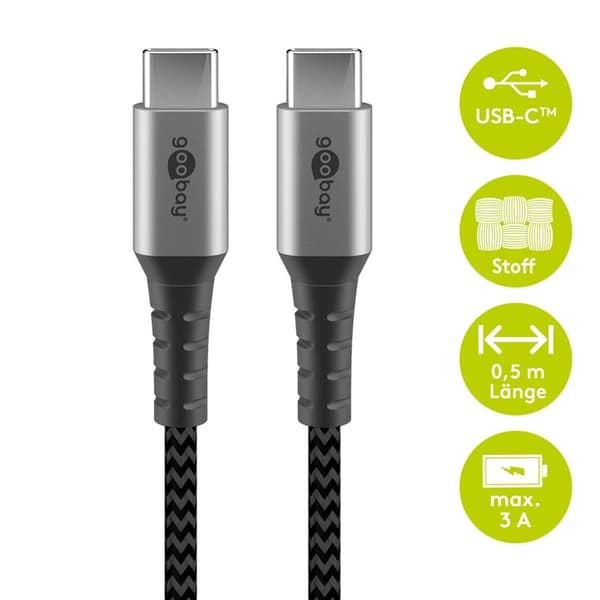 Goobay USB-C™-till-USB-C™-textilkabel med metallkontakter 0,5 m elegant och extra robust anslutningskabel för enheter med USB-C™-port