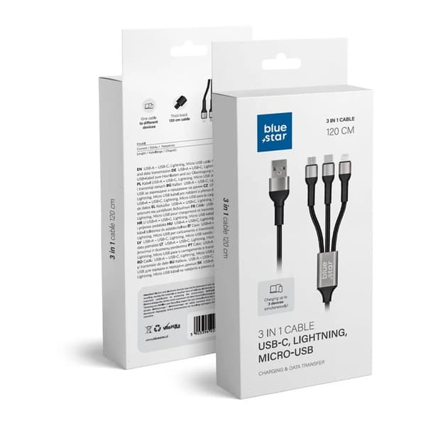 Blue Star USB-A Till Micro-USB/USB-C/Lightning Kabel 1.2m