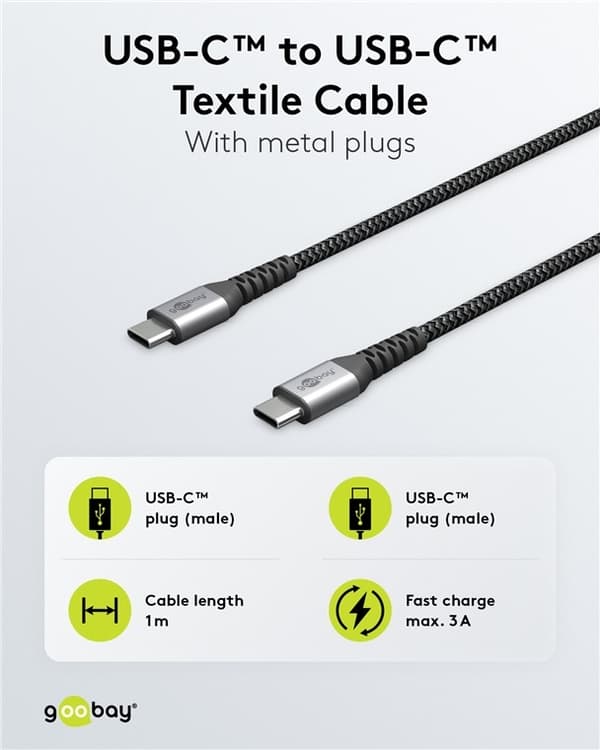 Goobay USB-C™-till-USB-C™-textilkabel med metallkontakter 1 m elegant och extra robust anslutningskabel för enheter med USB-C™-port