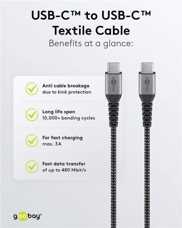 Goobay USB-C™-till-USB-C™-textilkabel med metallkontakter 1 m elegant och extra robust anslutningskabel för enheter med USB-C™-port