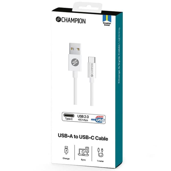 CHAMPION USB-C till USB-A kabel 2m - Vit