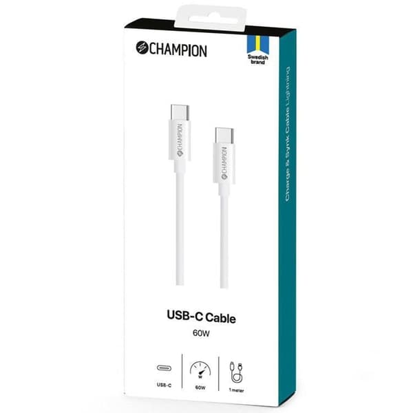 CHAMPION USB-C till USB-C kabel 60W 3m - Vit