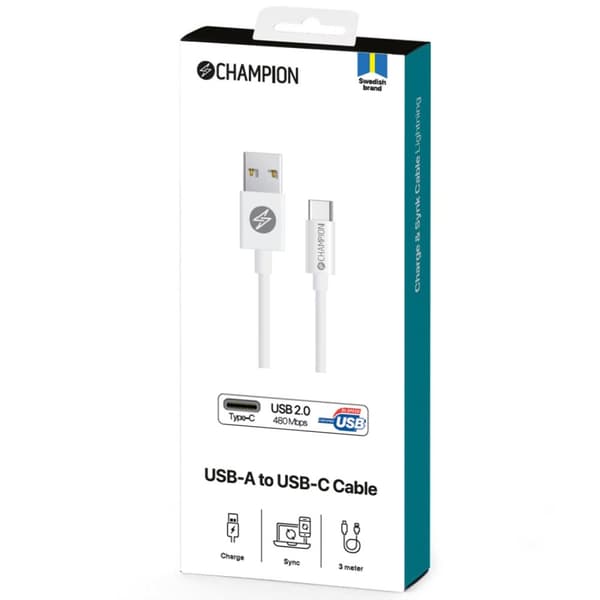 Champion USB-A til USB-C-kabel 3 m hvit