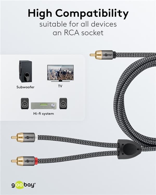 Goobay RCA-splitterkabel, 2 m, Sharkskin Grey Cinch-kontakt (woofer, senter) &gt; 2x Cinch-kontakt (woofer)