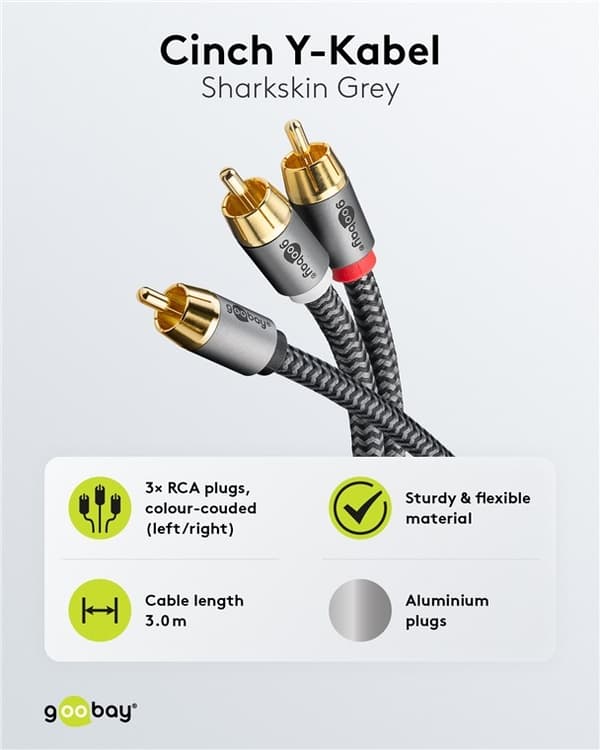 Goobay RCA-splitterkabel, 3 m, Sharkskin Grey Cinch kontakten (woofer, Center) > 2x Cinch kontakten (woofer)