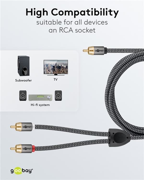 Goobay RCA-splitterkabel, 3 m, Sharkskin Grey Cinch kontakten (woofer, Center) > 2x Cinch kontakten (woofer)