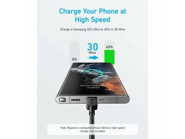 Anker 322 - USB-kabel - 24 pin USB-C (hann) til 24 pin USB-C (hann) - 5 V - 3 A - 1.8 m - USB Fast Charge (15W) - svart