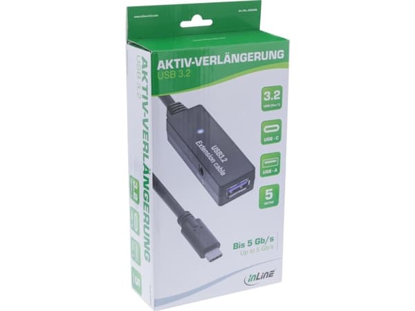InLine® USB 3.2 Gen.1 aktiv forlengelse, USB-C-plugg til USB-A-kontakt, 5m (35650D)