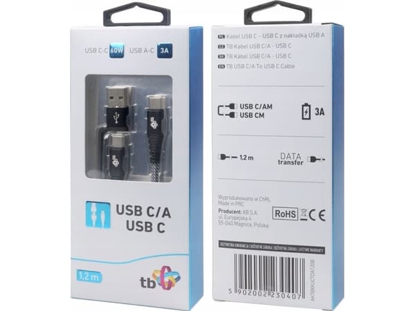 Kabel USB TB Kabel 2w1: USB C - USB C med USB A, 1,2 m