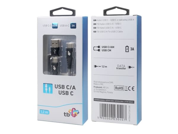 Kabel USB TB Kabel 2w1: USB C - USB C med USB A, 1,2 m