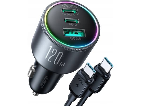 Car Charger Joyroom JR-CCN07, 120W, 5A, 1 x USB-A - 2 x USB-C, with USB-C Cable, Black