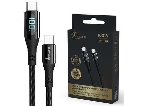 Extralink Smart Life USB Type-C til Type-C-kabel flettet svart med LED-skjerm | USB-C-kabel | 100W, 200cm