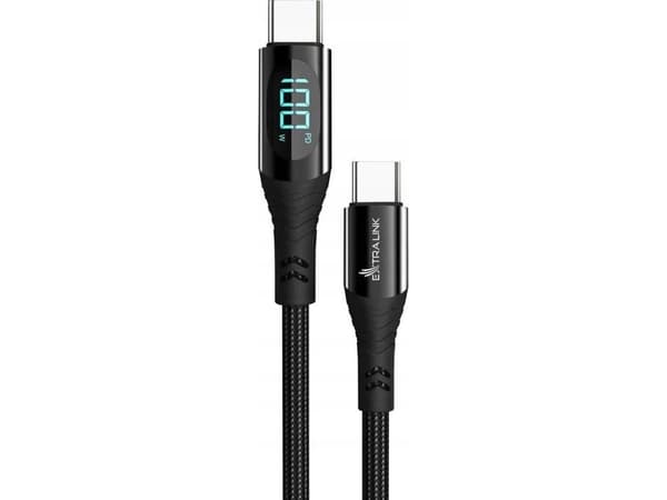 Extralink Smart Life USB Type-C til Type-C-kabel flettet svart med LED-skjerm | USB-C-kabel | 100W, 200cm