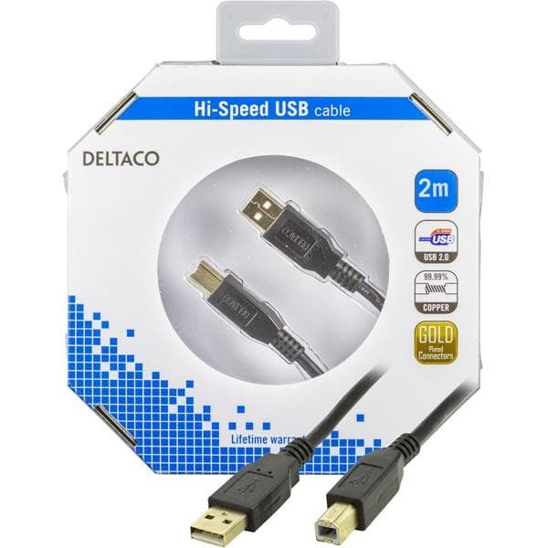DELTACO, USB 2.0 kabel Typ A hane - Typ B hane 2m, svart (USB-218S-K)