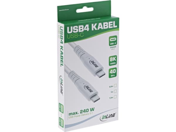 InLine USB4 cable, USB-C male/male, PD 240W, 8K60Hz, TPE, white, 1.5m, 1.5 m, USB C, USB C, USB4 Gen 3x2, 40 Gbit/s, White