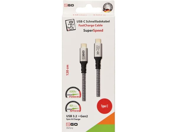 2GO 797512, 1,2 m, USB C, USB C, USB 3.2 Gen 2 (3.1 Gen 2), 10 Gbit/s, Sort, Sølv