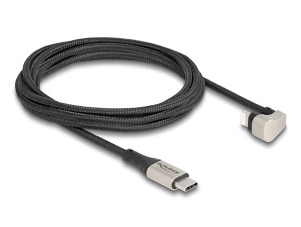 Delock - Lightning-kabel - Lightning hann vinklet til 24 pin USB-C hann - 2 m - MFI-sertifisert - svart/sølv - vinklet, up to 480 Mbps