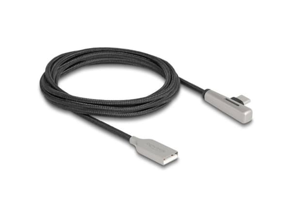 Delock - USB-kabel - USB (hane) till 24 pin USB-C (hane) vinklad - USB 2.0 - 20 V - 3 A - 2 m - Snabbladdning upp till 60 W - svart, silver