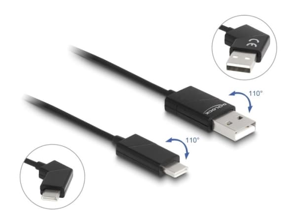 Delock - USB-kabel - USB (hane) vinklad till 24 pin USB-C (hane) vinklad - USB 2.0 - 20 V - 3 A - 1.2 m - snabbladdning, roterbara kontakter - svart