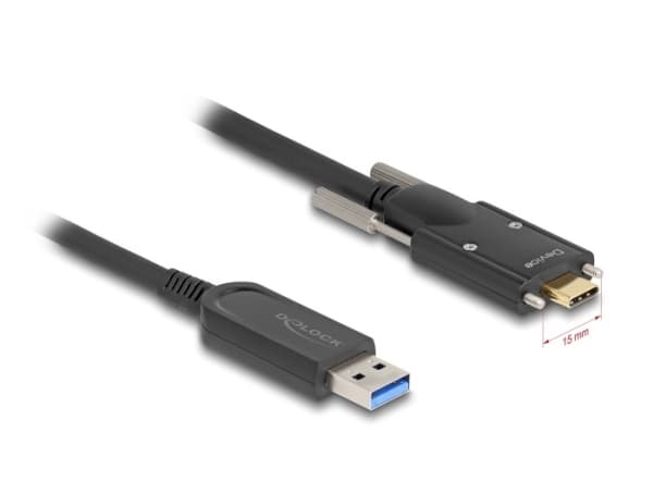 Delock Aktiivinen optinen kaapeli USB 10 Gbps Type-A uros USB Type-C uros, jossa on ruuvit sivulla 10 m 10 m