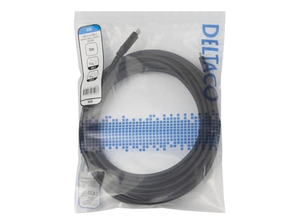 DELTACO - USB-kabel - 24 pin USB-C (hane) till 24 pin USB-C (hane) - USB 3.1 Gen 1 - 20 V - 3 A - 5 m - stöd för DP Alt-läge, 8K30Hz stöd, upp till 5