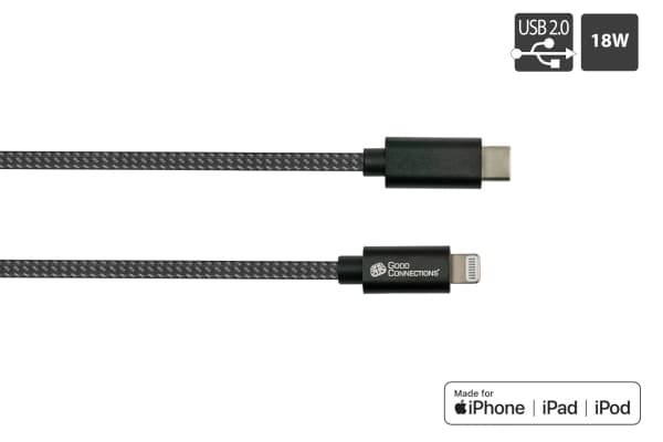 Good Connections USB 2.0 -lataus- ja datakaapeli iPhonelle/iPadille/iPodille USB-C-pistoke Lightningiin - Good Connections®:n laadukas, virallisesti