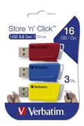 Miniatyrbild 3 av 3: Verbatim Store N Click USB 3.0 3x 16GB röd, blå och gul
