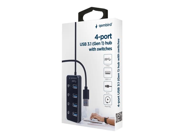Gembird - Hubb - powered, with switches, black - 4 x USB 3.1 Gen 1 - skrivbordsmodell