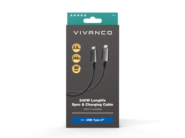 Vivanco 64015, 2 m, USB C, USB C, USB4 Gen 2x2, 40 Gbit/s, Svart