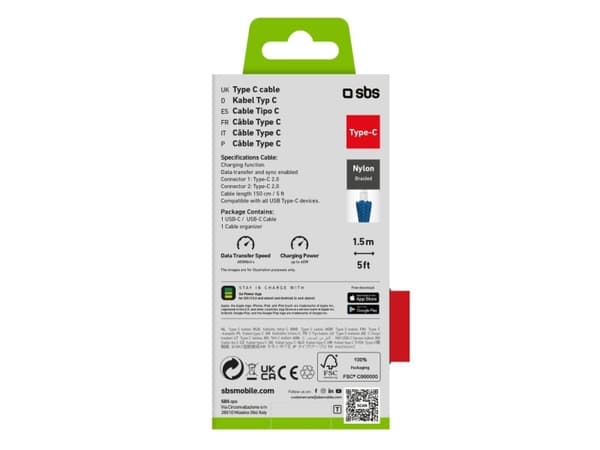 SBS TECABLETISSUETCCB, 1,5 m, USB C, USB C, USB 2.0, 0,48 Gbit/s, Blå