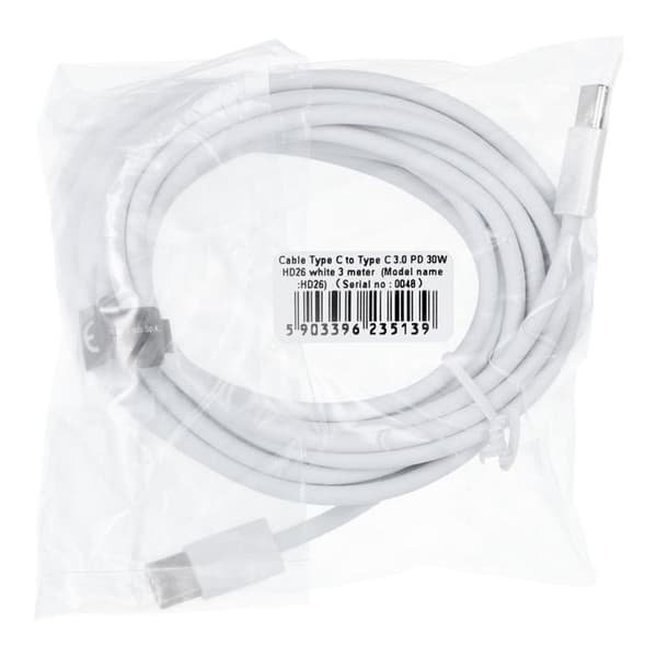 USB-C till USB-C kabel 3m 30W HD26- Vit