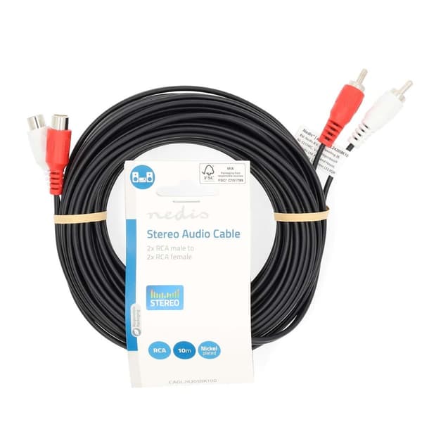 Nedis Stereo lydkabel | 2x RCA Han | 2x RCA Hun | Nikkel belagt | 10.0 m | Rund | Sort | Label