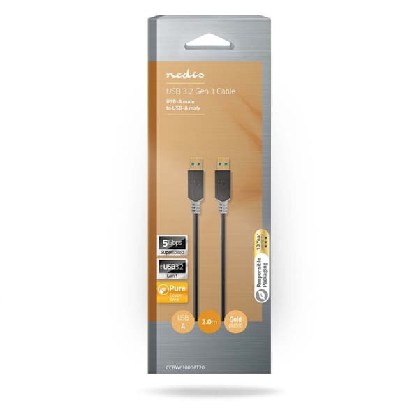 Nedis USB-kabel | USB 3.2 Gen 1 | USB-A Han | USB-A Han | 5 Gbps | Gull belagt | 2.00 m | Rund | PVC | Antrasitt | Boks