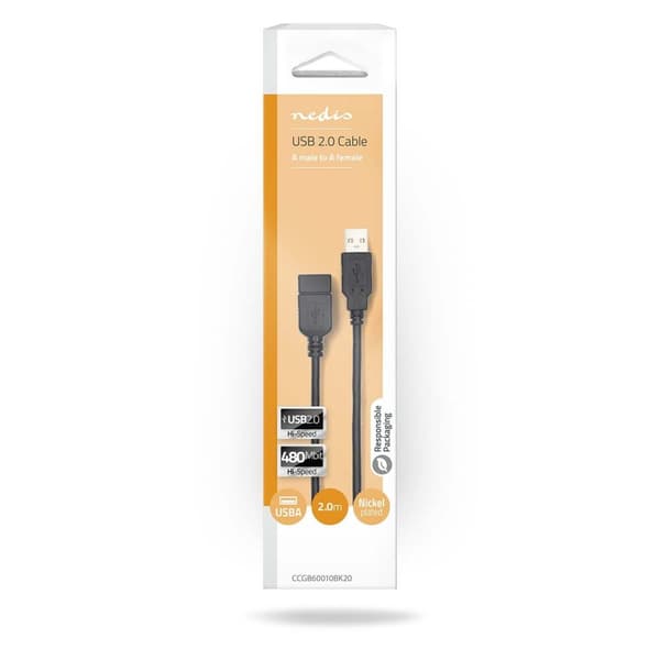 Nedis USB kaapeli | USB 2.0 | USB-A Uros | USB-A Naaras | 480 Mbps | Niklattu | 2.00 m | Pyöreä | PVC | Musta | Laatikko