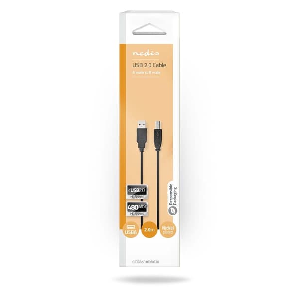 Nedis USB-kabel | USB 2.0 | USB-A Han | USB-B han | 480 Mbps | Nikkelplateret | 2.00 m | Runde | PVC | Sort | Box