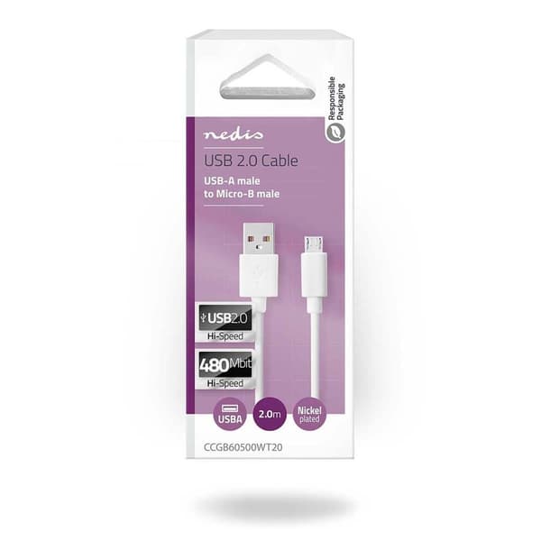 Nedis USB-kabel | USB 2.0 | USB-A Hane | USB Micro-B Hane | 480 Mbps | Nickelplaterad | 2.00 m | Rund | PVC | Vit | Låda