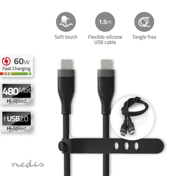 Nedis USB-kabel | USB 2.0 | USB-C™ Han | USB-C™ Han | 60 W | 480 Mbps | Nikkelplateret | 1.50 m | Runde | Silikone | Sort | Box