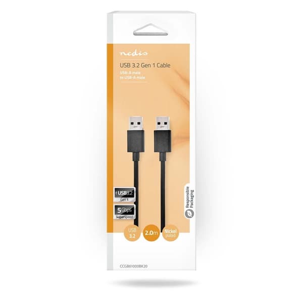 Nedis USB-kabel | USB 3.2 Gen 1 | USB-A Hane | USB-A Hane | 5 Gbps | Nickelplaterad | 2.00 m | Rund | PVC | Svart | Låda