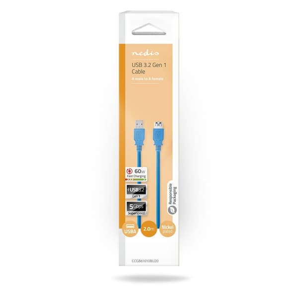 Nedis USB-kabel | USB 3.2 Gen 1 | USB-A Hane | USB-A Hona | 5 Gbps | Nickelplaterad | 2.00 m | Rund | PVC | Blå | Låda