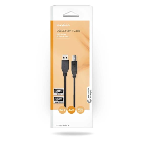 Nedis USB-kabel | USB 3.2 Gen 1 | USB-A Hane | USB-B Hane | 5 Gbps | Nickelplaterad | 2.00 m | Rund | PVC | Svart | Låda