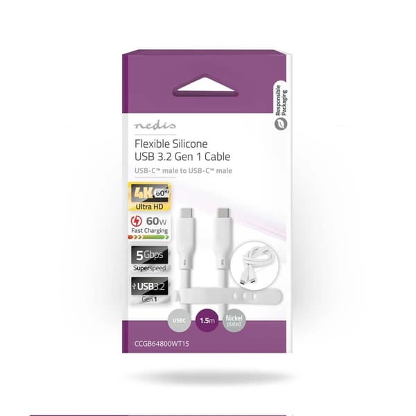 Nedis USB-kabel | USB 3.2 Gen 1 | USB-C™ Han | USB-C™ Han | 60 W | 4K@60Hz | 5 Gbps | Nikkelplateret | 1.50 m | Runde | Silikone | Hvid | Box